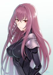 Rule 34 | 1girl, armor, black bodysuit, bodysuit, breasts, closed mouth, covered navel, fate/grand order, fate (series), female focus, from side, hair between eyes, hair intakes, large breasts, lips, long hair, looking at viewer, pauldrons, purple hair, red eyes, scathach (fate), shoukaki (earthean), shoulder armor, simple background, skin tight, smile, smirk, solo, type-moon