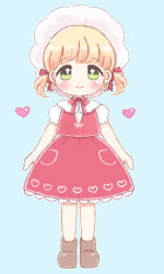 Rule 34 | 1girl, blonde hair, blue background, blush, bonnet, boots, bow, bowtie, brown footwear, child, closed mouth, collared shirt, commentary request, full body, green eyes, hair ribbon, heart, heart print, highres, kohane (copinc), looking at viewer, original, puffy short sleeves, puffy sleeves, red bow, red bowtie, red ribbon, red skirt, red vest, ribbon, shirt, short hair, short sleeves, short twintails, simple background, skirt, skirt set, smile, solo, straight-on, tareme, twintails, vest, white headwear, white shirt