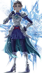 Rule 34 | 1girl, absurdres, armor, artist request, blue eyes, boots, cape, creatures (company), diantha (pokemon), full body, game freak, gloves, grey hair, hand on own hip, high heel boots, high heels, highres, looking at viewer, looking down, nintendo, official alternate costume, pauldrons, pokemon, pokemon masters ex, short hair, shoulder armor, solo, white background