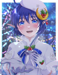 Rule 34 | 19670615t, 1girl, ahoge, blue eyes, blue hair, blush, christmas, crescent, crescent hair ornament, fur trim, gloves, hair ornament, highres, looking at viewer, open mouth, pointy ears, rena lanford, short hair, smile, solo, star ocean, star ocean anamnesis, star ocean the second story