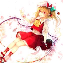 Rule 34 | 1girl, ascot, bad id, bad pixiv id, blonde hair, bow, cherry blossoms, daimaou ruaeru, flandre scarlet, flower, hat, hat bow, highres, petals, red eyes, red footwear, shirt, shoes, short sleeves, side ponytail, skirt, skirt set, smile, solo, touhou, vest, wings, wrist cuffs
