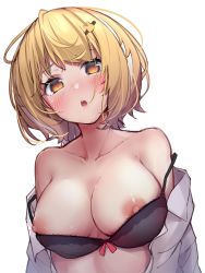 Rule 34 | 1girl, absurdres, black bra, blonde hair, blush, bow, bow bra, bra, bra pull, breasts, clothes pull, heart, heart-shaped pupils, highres, large breasts, looking at viewer, nipples, open clothes, open mouth, open shirt, shirt, short hair, simple background, symbol-shaped pupils, taremimi usagi, underwear, white background