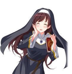 Rule 34 | 1girl, black dress, book, brown hair, dress, habit, hand on own chest, holding, holding book, idol wars z, jewelry, leaning forward, long hair, maria hanazono, necklace, nun, official art, solo, standing, third-party source, traditional nun, transparent background, upper body