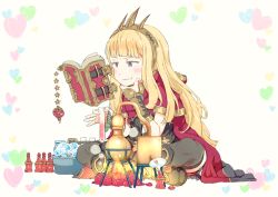 Rule 34 | 10s, 1girl, alchemy, blonde hair, blunt bangs, blush stickers, book, boots, bracelet, brown eyes, cagliostro (granblue fantasy), cape, coal, commentary request, crown, fire, floating, floating book, floating object, funnel, gomennasai, granblue fantasy, grin, hand on own chin, heart, indian style, jewelry, levitation, long hair, mushroom, open book, potion, reading, red cape, short sleeves, sitting, slimy, smile, solo, star (symbol), telekinesis, test tube, test tube rack, thighhighs, vial, white background, wrist guards