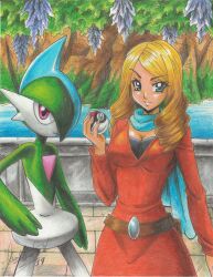 Rule 34 | 1girl, 2019, absurdres, alice (pokemon), arm up, artist name, bag, blonde hair, blue eyes, blue scarf, breasts, cleavage, closed mouth, cowboy shot, creatures (company), dress, gallade, game freak, gen 4 pokemon, hand on own hip, highres, holding, holding poke ball, large breasts, nintendo, orange dress, outdoors, pink eyes, poke ball, pokemon, pokemon: the rise of darkrai, pokemon (anime), pokemon (creature), pokemon dppt (anime), ravernclouk design, scarf, smile, standing, traditional media, water