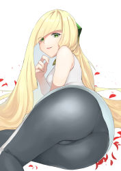 Rule 34 | 1girl, ass, bare arms, bare shoulders, black legwear, blonde hair, breasts, creatures (company), dress, game freak, green eyes, hair over one eye, highres, jyu gorilla, lips, long hair, looking at viewer, looking back, lusamine (pokemon), lying, medium breasts, nintendo, parted lips, pokemon, pokemon sm, sleeveless, sleeveless dress, smile, solo, very long hair, white background, white dress