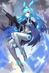 Rule 34 | 1girl, alternate eye color, armored leotard, assault rifle, blue eyes, blue hair, breasts, bullpup, clip (weapon), closed mouth, cloud, commentary request, floating, girls&#039; frontline, gloves, gun, headgear, highres, holding, holding weapon, iwi tavor, iwi tavor, iwi tavor tar-21, leotard, light blue hair, long hair, mecha musume, multicolored hair, neon trim, outdoors, reloading, rifle, robot ears, scope, sight, sky, solo, tar-21 (girls&#039; frontline), tavor tar-21, two-tone hair, wangzhe rongyao, weapon, white footwear, wjn-rance
