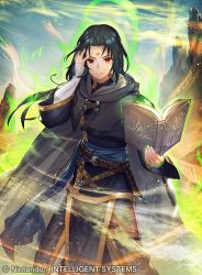 Rule 34 | 1boy, black hair, company name, fire emblem, fire emblem: path of radiance, fire emblem: radiant dawn, fire emblem cipher, holding, holding weapon, long hair, looking at viewer, magic, nintendo, official art, red eyes, soren (fire emblem), umiu geso, weapon, wind