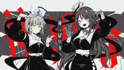 Rule 34 | 2girls, belt, black dress, black hair, breasts, chaaym, chika (flora project), cigarette, cleavage, cross, cross necklace, dress, flora project, grey hair, halo, highres, holding, holding cigarette, jewelry, kamippoina (vocaloid), long hair, looking at viewer, multicolored hair, multiple girls, necklace, official art, open mouth, purple eyes, qualia qu, re:act, red hair, second-party source, song name, streaked hair, virtual youtuber, vocaloid, white belt, yellow eyes