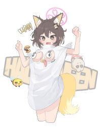 Rule 34 | 1girl, animal, animal ears, bee, blue archive, blush, breast cutout, breasts, brown eyes, brown hair, bug, commentary, cropped legs, fang, fox ears, fox tail, gari gari 1, hair between eyes, halo, highres, insect, izuna (blue archive), league of legends, open mouth, pink halo, shirt, short hair, short sleeves, simple background, skin fang, small breasts, solo, tail, white background, white shirt