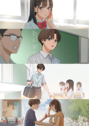 2boys 3girls :o absurdres bag blurry blurry_background blurry_foreground blush bow box brown_hair chalkboard charm_(object) classroom closed_eyes crying desk envelope highres holding holding_envelope indoors jewelry macaronk mole mole_under_eye motor_vehicle multiple_boys multiple_girls original red_bow school_bag school_desk school_uniform shirt short_hair t-shirt truck white_shirt window yellow_shirt