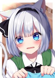 Rule 34 | 1girl, absurdres, animal ear fluff, animal ears, bad id, bad pixiv id, black bow, black hairband, black neckwear, black ribbon, blush, bob cut, bow, bowtie, cat ears, cat girl, cat tail, collared shirt, crying, crying with eyes open, fang, green vest, hair ribbon, hairband, heart, heart-shaped pupils, highres, kemonomimi mode, konpaku youmu, looking at viewer, open mouth, ribbon, shinonome asu, shirt, short hair, silver hair, solo focus, symbol-shaped pupils, tail, tears, touhou, upper body, vest, white shirt