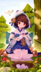 Rule 34 | 1girl, :t, absurdres, animal, bird, blue skirt, bottle, brown footwear, brown hair, closed mouth, commentary, copyright request, day, flower, grass, highres, holding, holding bottle, hole, japanese clothes, kimono, long sleeves, looking at viewer, milk bottle, mushroom, outdoors, pantyhose, pine tree, pleated skirt, pout, purple footwear, red eyes, red flower, short eyebrows, sitting, skirt, solo, thick eyebrows, thighband pantyhose, tree, tsubasa tsubasa, wariza, white kimono, white pantyhose, wide sleeves, yellow flower