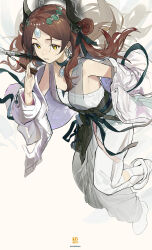 Rule 34 | 1girl, absurdres, arknights, bare shoulders, black choker, brown hair, choker, commentary request, gohanduck, hand up, highres, horns, jacket, jieyun (arknights), jieyun (away from dust) (arknights), long hair, long sleeves, looking at viewer, official alternate costume, pants, parted lips, shoes, solo, strapless, tube top, white footwear, white jacket, white pants, yellow eyes