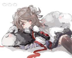 Rule 34 | 1girl, absurdres, animal ears, arknights, blush, brown hair, brown thighhighs, closed mouth, commentary request, dress, elbow gloves, eyjafjalla (arknights), fingerless gloves, gloves, highres, horns, long hair, looking at viewer, osakanadream, purple gloves, red eyes, shadow, sheep, sheep ears, sheep girl, sheep horns, simple background, sketch, solo, thighhighs, white background, white dress