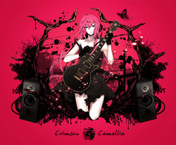 Rule 34 | 1girl, arisaka ako, bad id, bad pixiv id, bug, butterfly, crimson camellia (vocaloid), dress, electric guitar, female focus, gibson les paul, gloves, guitar, insect, instrument, long hair, megurine luka, petals, solo, speaker, very long hair, vocaloid
