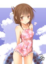 Rule 34 | 10s, 1girl, arms behind back, blush, breasts, brown eyes, brown hair, casual one-piece swimsuit, cloud, cloudy sky, covered navel, day, floral print, folded ponytail, frilled swimsuit, frills, gluteal fold, hair between eyes, heart, heart print, inazuma (kancolle), innertube, kantai collection, lips, one-piece swimsuit, pink one-piece swimsuit, sky, small breasts, solo, swim ring, swimsuit, thighs, yua (checkmate)