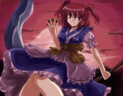 Rule 34 | 1girl, between fingers, breasts, cloud, coin, female focus, flx, frills, hair bobbles, hair ornament, holding, looking at viewer, moon, onozuka komachi, puffy short sleeves, puffy sleeves, red eyes, red hair, sash, scythe, short hair, short sleeves, sitting, sitting on object, skirt, skirt set, solo, sunset, touhou, twintails, two side up