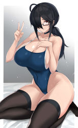 Rule 34 | 1girl, absurdres, black choker, black hair, black thighhighs, blue one-piece swimsuit, blush, breasts, choker, cleavage, closed mouth, collarbone, covered navel, glasses, gradient background, grey background, hair over one eye, halterneck, hand on own chest, hand up, highres, large breasts, long hair, maruyaa (malya1006), one-piece swimsuit, one eye covered, original, outside border, red eyes, skindentation, solo, swimsuit, thighhighs, thighs, v