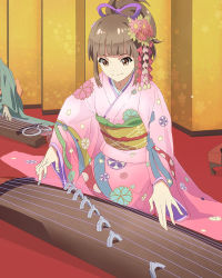 Rule 34 | 10s, 1girl, bow, brown eyes, brown hair, floral print, flower, hair bow, hair flower, hair ornament, hairpin, heart, hisami nanami, indoors, instrument, japanese clothes, kimono, long hair, long sleeves, looking down, music, obi, official art, playing instrument, ponytail, red ribbon, ribbon, sash, smile, solo focus, string, tassel, wake up girls!, wake up girls! stage no tenshi, wide sleeves