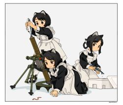 Rule 34 | akai sashimi, all fours, animal, animal ears, apron, arms up, black eyes, black footwear, black hair, braid, bug, cat ears, closed mouth, crew-served weapon, earthworm, eyebrows, fish, hair ornament, highres, holding, holding animal, holding fish, kneeling, long hair, long sleeves, maid, maid apron, mortar (weapon), original, shoes, short hair, standing, weapon, white background, white legwear, worm