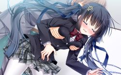 Rule 34 | 1boy, 1girl, anger vein, angry, black hair, blush, bow, closed eyes, dutch angle, grabbing, grabbing another&#039;s breast, hetero, long hair, pantyhose, red bow, school uniform, skirt, twintails, white pantyhose