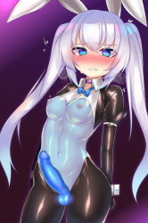 Rule 34 | 1futa, animal ears, black gloves, blue bow, blue eyes, blush, bow, breasts, choker, clenched teeth, covered erect nipples, covered navel, covered testicles, erection, eyes visible through hair, fake animal ears, full-face blush, futanari, gloves, glowing, glowing eyes, gluteal fold, gradient background, heavy breathing, highres, kutan, leotard, medium breasts, meme attire, mind control, original, pantyhose, penis, playboy bunny, rabbit ears, reverse bunnysuit, reverse outfit, see-through, shiny clothes, shrug (clothing), silver hair, skin tight, solo, sweatdrop, teeth, testicles, twintails, wrist cuffs