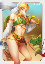 Rule 34 | 1boy, arrow (projectile), artist name, bare shoulders, blonde hair, blue background, blue eyes, blurry, blurry background, breasts, bridal gauntlets, brown background, bulge, chastity cage, crossdressing, detached sleeves, feet out of frame, gerudo set (zelda), gradient background, highres, holding, korok, link, looking to the side, male focus, medium breasts, midriff, mouth veil, nail polish, navel, nintendo, no panties, parted bangs, pink nails, quiver, scimitar, shadow, shield, shield on back, solo, steamed egg, sword, testicles, the legend of zelda, the legend of zelda: breath of the wild, thighs, trap, veil, weapon, white sleeves