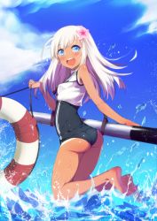 Rule 34 | 10s, 1girl, ass, bare legs, barefoot, bba1985, blue eyes, commentary request, crop top, feet, flower, from behind, hair flower, hair ornament, highres, kantai collection, lifebuoy, long hair, looking at viewer, looking back, one-piece swimsuit, one-piece tan, open mouth, ro-500 (kancolle), sailor collar, school swimsuit, smile, solo, swim ring, swimsuit, swimsuit under clothes, tan, tanline, torpedo, water, wet