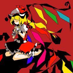 Rule 34 | 1girl, barefoot, blonde hair, closed eyes, female focus, flandre scarlet, full body, hat, lowres, mob cap, oekaki, own hands clasped, own hands together, red background, ritsu (roboroboro), simple background, sitting, solo, touhou, wings
