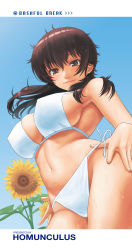 Rule 34 | 1girl, absurdres, armpits, artist name, bare arms, bare shoulders, bikini, blue sky, blush, breasts, brown eyes, brown hair, closed mouth, covered erect nipples, cowboy shot, day, flower, from below, hajirai break, hands on own hips, heart, highres, homunculus (alchemynote), kouenji natsume, large breasts, long hair, looking at viewer, looking down, original, outdoors, pink lips, plant, ribbon, side-tie bikini bottom, sky, smile, solo, sunflower, swimsuit, underboob, water, wet, white bikini, white ribbon