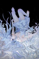 Rule 34 | 1girl, black background, blue dress, blue eyes, blue hair, collarbone, commentary, crying, crying with eyes open, dissolving, distortion, dress, flat chest, highres, light blue hair, light particles, long hair, looking at viewer, mareru, project sekai, solo, surreal, tearing up, tears, upside-down, yoisaki kanade