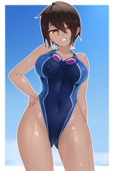 Rule 34 | 1girl, :d, absurdres, bare arms, bare hips, bare shoulders, blue one-piece swimsuit, blue sky, border, breasts, breasts apart, brown hair, cloud, collarbone, competition swimsuit, covered navel, cowboy shot, dark-skinned female, dark skin, day, ear piercing, gluteal fold, goggles, goggles around neck, grin, hair between eyes, hand on own hip, highres, looking at viewer, medium breasts, one-piece swimsuit, open mouth, original, outdoors, outside border, piercing, red eyes, shiny skin, short hair, skin tight, sky, smile, solo, swimsuit, teeth, water, wet, white border, z.taiga