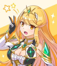 Rule 34 | 1girl, :d, blonde hair, bokumon24, breasts, chest jewel, cleavage, cleavage cutout, clothing cutout, dress, highres, looking at viewer, medium breasts, mythra (xenoblade), open mouth, smile, solo, striped, striped background, swept bangs, tiara, v, white background, white dress, xenoblade chronicles (series), xenoblade chronicles 2, yellow eyes