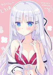 Rule 34 | 1girl, 2020, bare shoulders, bikini, black ribbon, blue eyes, blush, breasts, cleavage, closed mouth, clothes pull, collarbone, colored eyelashes, commentary request, dated commentary, eyes visible through hair, frilled bikini, frills, hair between eyes, hair ornament, hair ribbon, hairclip, halterneck, hand up, highres, hoshimame mana, long hair, looking at viewer, medium breasts, naruse shiroha, open clothes, open shirt, pink background, red bikini, ribbon, school uniform, shirt, shirt pull, sidelocks, simple background, solo, straight hair, summer pockets, swimsuit, swimsuit under clothes, upper body, very long hair, white hair, white ribbon, white shirt