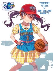 Rule 34 | 1girl, air jordan, ball, bang dream!, basketball (object), black hair, blush, brown eyes, character name, collarbone, copyright name, dress, earrings, floating hair, futaba tsukushi, grey socks, head tilt, highres, holding, holding ball, jewelry, long hair, looking at viewer, national basketball association, necklace, new orleans hornets, plaid, plaid dress, red headwear, shadow, shoes, simple background, smile, sneakers, socks, solo, twintails, v-shaped eyebrows, white background, white footwear, yazawa happyaro, yellow dress