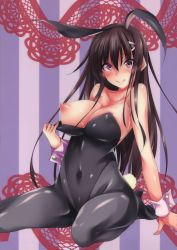 Rule 34 | 1girl, absurdres, animal ears, arm at side, arm support, bad anatomy, bare shoulders, black footwear, black leotard, black pantyhose, blush, breasts, brown hair, closed mouth, collarbone, covered erect nipples, covered navel, fake animal ears, fingernails, flashing, fukuyama naoto, hair between eyes, hair ornament, hairclip, high heels, highres, large breasts, leotard, leotard pull, long hair, looking at viewer, nipples, original, pantyhose, playboy bunny, puffy nipples, pulled by self, purple eyes, rabbit ears, rabbit tail, scan, shoes, smile, solo, strapless, strapless leotard, tail, wrist cuffs