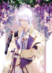 Rule 34 | 1boy, against tree, armor, artist request, formal, genshin impact, gloves, hair over one eye, highres, kamisato ayato, long hair, looking at viewer, shoulder armor, smile, solo, suit, tree, white hair, yellow eyes