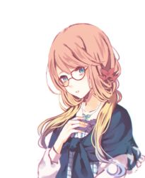 Rule 34 | 1girl, blonde hair, blue eyes, glasses, gradient hair, haruno sora, highres, jewelry, long hair, looking at viewer, low twintails, multicolored hair, necklace, parted lips, red-framed eyewear, simple background, solo, tamagoyaki (megane-daisuki), twintails, upper body, vocaloid, voiceroid, white background