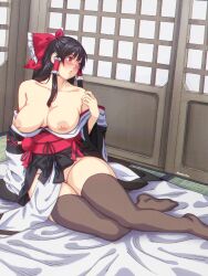 Rule 34 | 1girl, absurdres, alternate costume, arm support, bare shoulders, black hair, blush, bow, breasts, breasts out, collarbone, commentary, english commentary, frilled bow, frilled hair tubes, frills, full body, futon, grey thighhighs, groin, hair bow, hair tubes, hakurei reimu, hand up, highres, indoors, kourindou tengu costume, large breasts, long hair, looking to the side, nipples, no panties, no shoes, off shoulder, parted lips, pelvic curtain, red bow, red eyes, shouji, sidelocks, sitting, sliding doors, solo, tatami, thick thighs, thighhighs, thighs, touhou, ultragruntyy, wide sleeves, yokozuwari