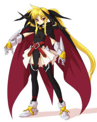 Rule 34 | 00s, 1girl, adapted costume, armor, belt, black thighhighs, blonde hair, cape, fate testarossa, female focus, flat chest, frown, full body, gauntlets, hair ribbon, long hair, lyrical nanoha, mahou shoujo lyrical nanoha, nekomamire, red eyes, ribbon, solo, thighhighs, twintails, very long hair