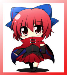 Rule 34 | 1girl, blush, bow, cape, chibi, covered mouth, hair bow, long sleeves, red eyes, red hair, sekibanki, short hair, skirt, solo, teen (teen629), touhou