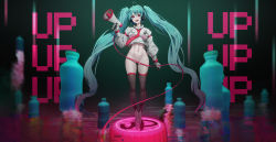 Rule 34 | 1girl, :d, absurdres, ahoge, ankle boots, aqua hair, black thighhighs, boots, bottle, bottomless, breasts, cable, convenient censoring, crop top, full body, gloves, gluteal fold, gradient background, green background, hatsune miku, headphones, highres, holding, large breasts, long hair, long sleeves, looking at viewer, matmaj, megaphone, navel, open mouth, pussy, pussy peek, red eyes, sharp teeth, smile, solo, standing, stomach, teeth, thighhighs, twintails, upper teeth only, very long hair, vocaloid, white footwear, white gloves