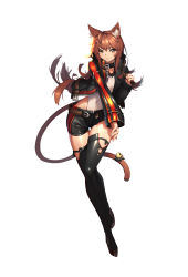 Rule 34 | 1girl, [saw], absurdres, animal ears, bell, black thighhighs, boots, brown eyes, brown hair, cat ears, cat tail, collar, covered navel, full body, highres, jacket, leg up, leotard, light smile, long hair, original, ribbon, short shorts, shorts, simple background, sleeves past wrists, solo, tail, tail bell, tail ornament, tail ribbon, thigh boots, thigh gap, thighhighs, very long hair, white background