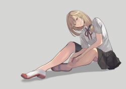 Rule 34 | 1girl, black skirt, collared shirt, commentary request, dress shirt, full body, gekkan shoujo nozaki-kun, grey background, hair ornament, hair scrunchie, hands on own leg, head tilt, highres, knees up, light brown hair, long hair, looking at viewer, low side ponytail, neck ribbon, no socks, pleated skirt, red ribbon, ribbon, sakurase gumi, school uniform, scrunchie, seo yuzuki, shirt, shoes, short sleeves, sitting, skirt, solo, summer uniform, uwabaki, white shirt, yellow eyes