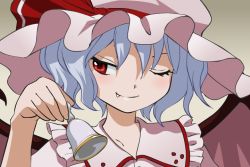Rule 34 | 1girl, bad id, bad pixiv id, bat wings, bell, blue hair, close-up, fang, female focus, hat, kinutani soushi, one eye closed, portrait, red eyes, remilia scarlet, short hair, solo, touhou, wings, wink