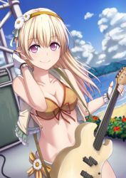 Rule 34 | 1girl, bad id, bad twitter id, bang dream!, beach, bikini, blonde hair, bow, breasts, cable, cleavage, cloud, collarbone, commentary request, day, electric guitar, fingerless gloves, flower, frilled gloves, frills, front-tie bikini top, front-tie top, gloves, green ribbon, guitar, hair flower, hair ornament, hair ribbon, hairband, highres, instrument, long hair, looking at viewer, medium breasts, narafume, orange bikini, orange bow, outdoors, purple eyes, ribbon, scaffolding, shirasagi chisato, smile, solo, speaker, swimsuit, vest, white flower, white gloves
