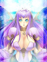 Rule 34 | 1girl, armor, blue eyes, breasts, butterfly wings, curvy, female focus, hip focus, huge breasts, insect wings, long hair, open mouth, original, purple hair, solo, standing, taka (sanoujo358), wide hips, wings