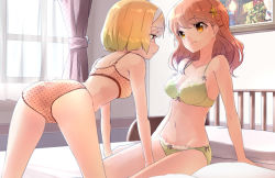 Rule 34 | 2girls, all fours, arm support, ass, bed, bedroom, blonde hair, bow, bow bra, bow panties, bra, breasts, brown eyes, brown hair, cleavage, collarbone, curtains, drawing (object), eye contact, flower, green bra, green panties, hair flower, hair ornament, hairband, indoors, kneeling, long hair, looking at another, multiple girls, navel, on bed, original, panties, pillow, polka dot, polka dot bra, polka dot panties, short hair, sitting, smile, touboku, underwear, underwear only, window, yuri