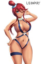 Rule 34 | 1girl, areola slip, bare shoulders, blue eyes, breasts, creatures (company), dark-skinned female, dark skin, game freak, highres, large breasts, leonart, long hair, nintendo, one eye closed, pokemon, pokemon bw, red hair, skyla (pokemon), sleeveless, teeth, wink